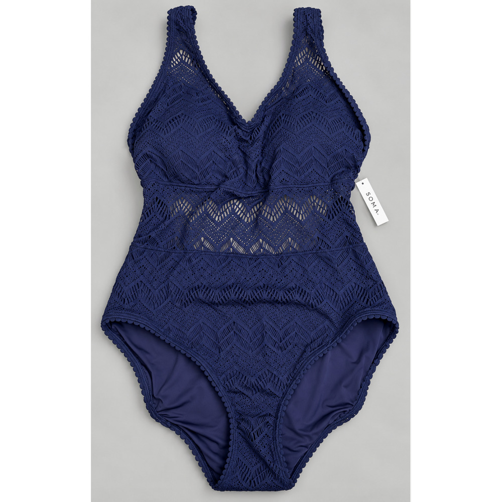 NWT SOMA NIGHTFALL NAVY BLUE CROCHET ONE PIECE SWIMSUIT SZ 14 - Picture 2 of 7